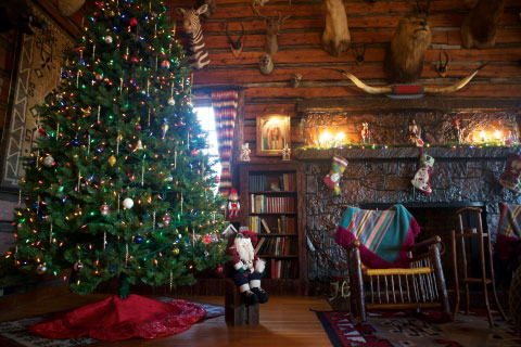 The lodge decorated for Christmas